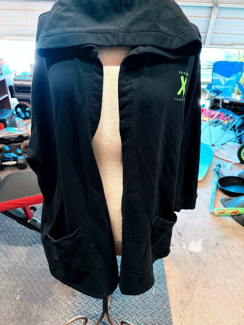 Savage X Fenty Black Robe with Neon Green Logo Hooded Cardigan